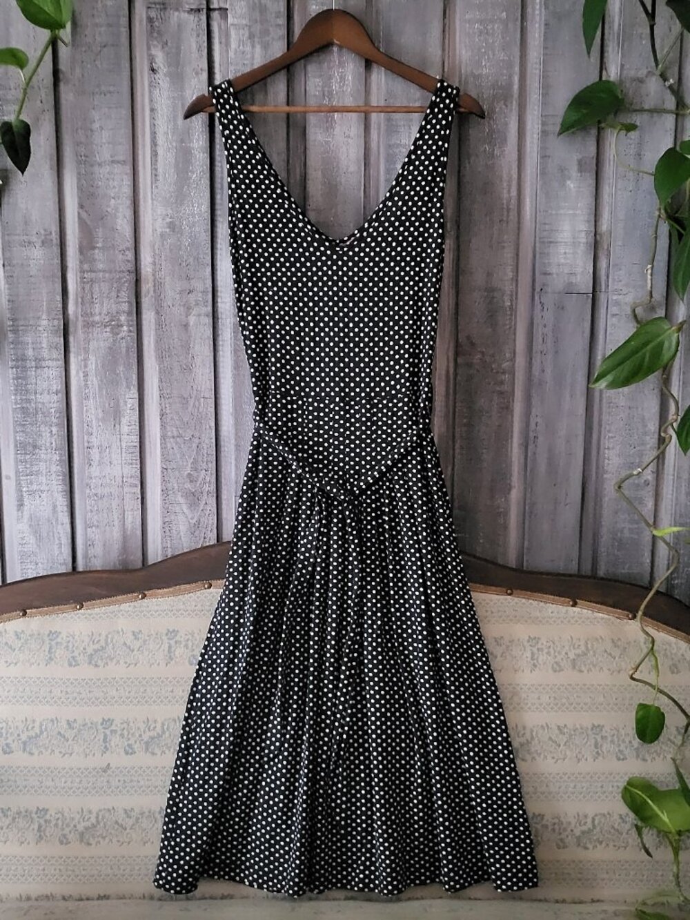 Vintage 90s Black White Polka Dot V Neck Tie Waist Fit Flare Midi Dress M